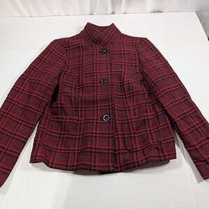 Talbots Petites Womens 6P Red and Black Houndstooth plaid wool blend blazer EUC